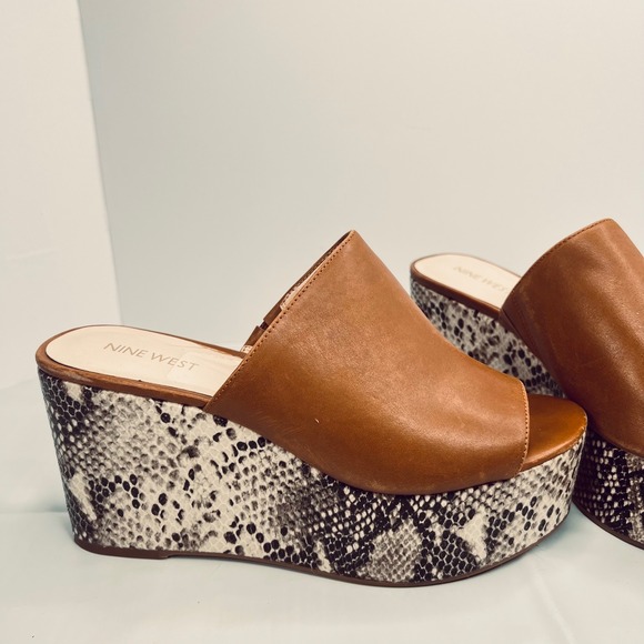 Nine West Shoes - Nine West Platform Slides Snakeskin Heel Leather Sz 8 Boho Wedge Animal Print